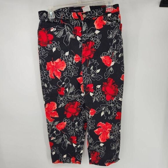 Bill Blass Floral Navy Stretch Pants Ankle Women's 10 Vintage Red Floral Pattern - Picture 1 of 5